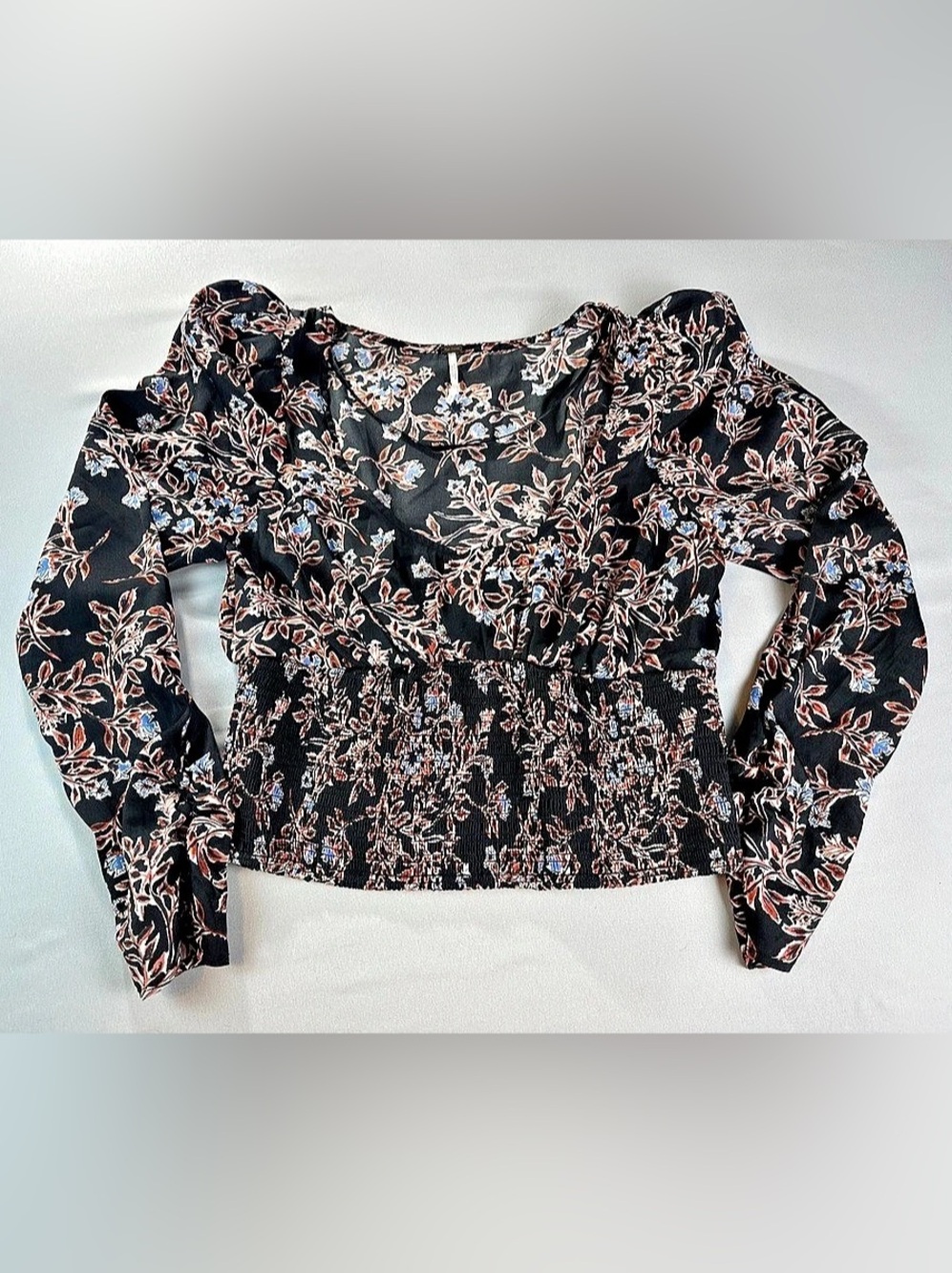 Free People Santiago Top Floral Blouse Black Pink Medium Crop Scoop Neck
